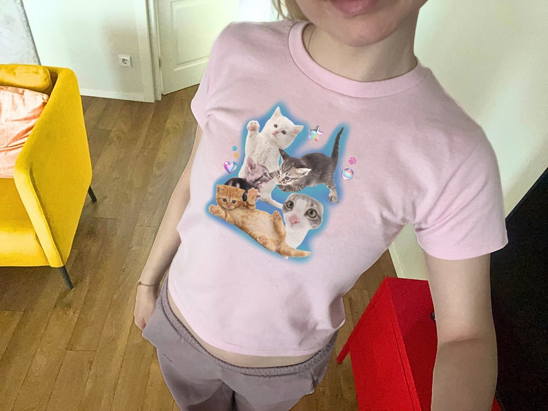 Y2K Silly Cat Shirt Baby Tee 90s Aesthetic Cat Meme TShirt, Y2K Kitten Baby Tee