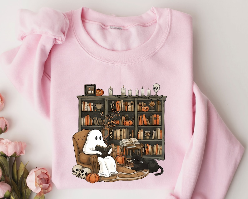 Retro Ghost Reading Books Shirt, Librarian Ghost Halloween, Halloween Teacher Sweatshirt