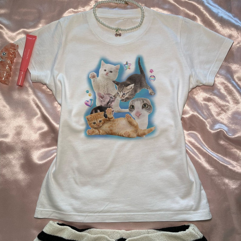 Y2K Silly Cat Shirt Baby Tee 90s Aesthetic Cat Meme TShirt, Y2K Kitten Baby Tee