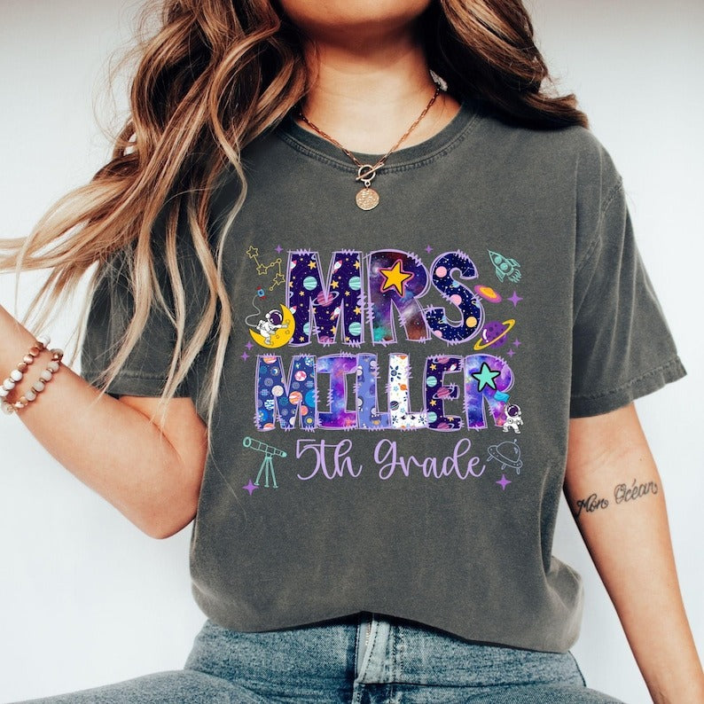 Custom Name Fifth Grade teacher Shirt Outer Space Theme Shirts