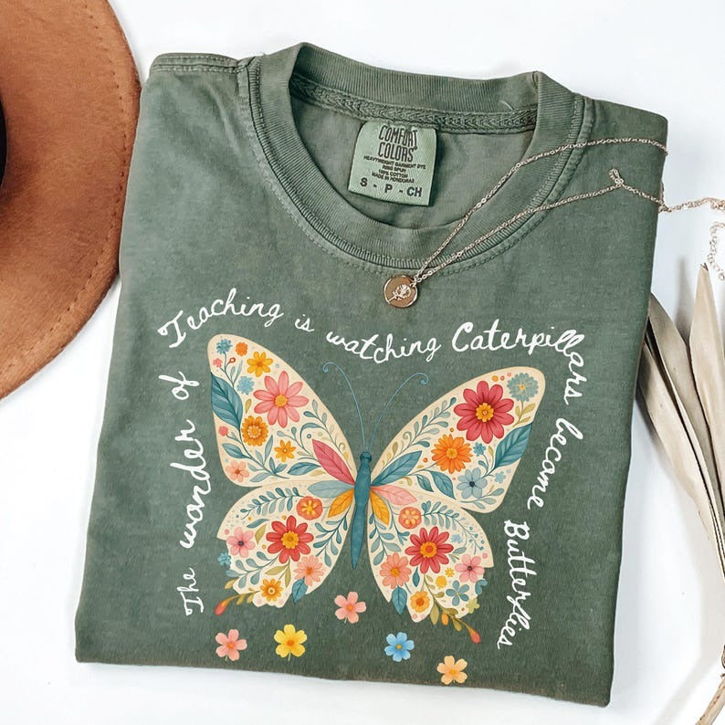Butterfly Teacher Shirt | The Wonder of Teaching Quote | Floral Watercolor Butterfly Shirt for Educators
