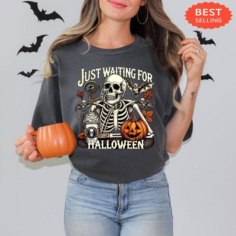 Just Waiting for Halloween Comfort Colors® Shirt, Funny Skeleton Pumpkin Shirt