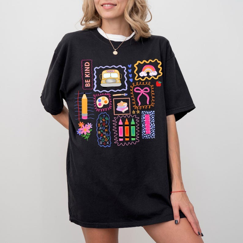 Trendy Teacher Shirt, Colorful Doodle Back To School Shirt, Preppy Coquette School T-shirt