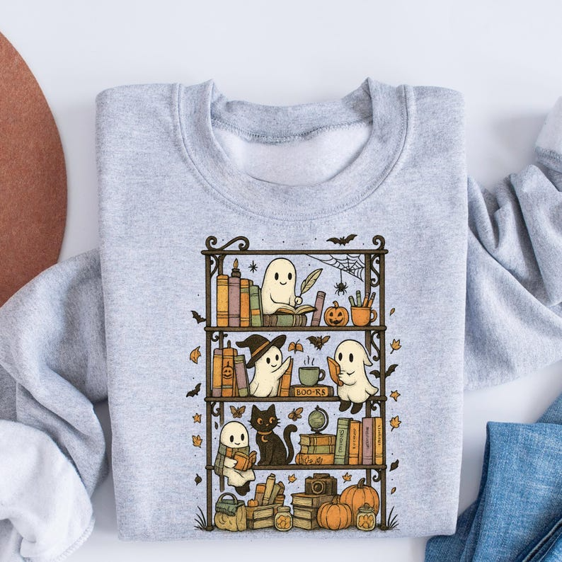 Retro Ghost Reading Books Sweatshirt, Librarian Ghost Halloween