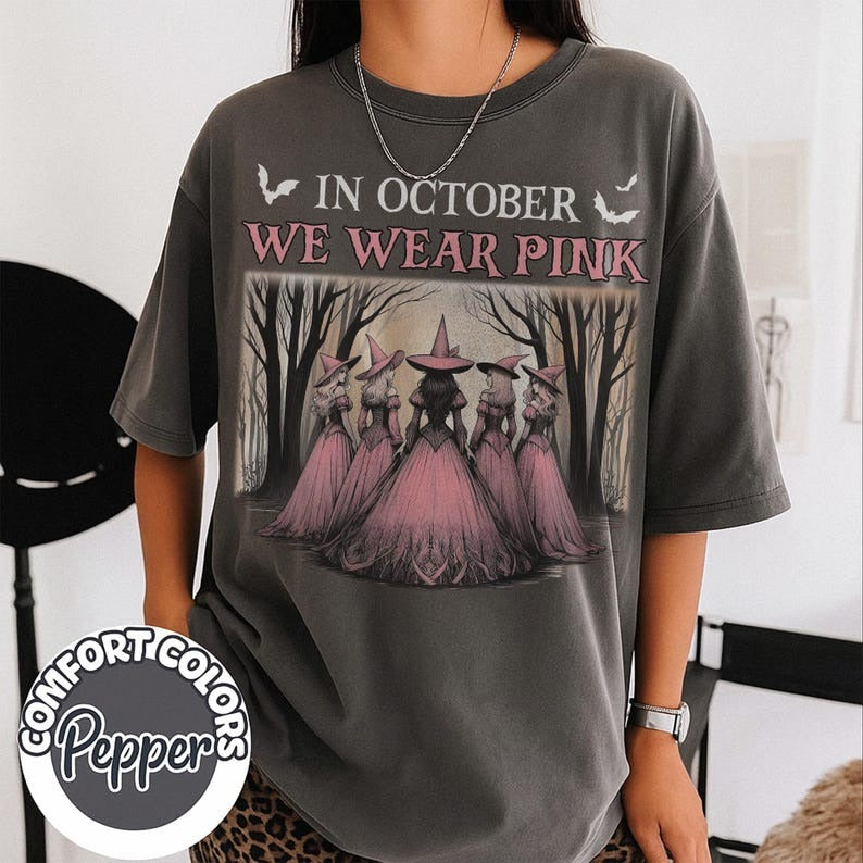 Retro In October We Wear Pink Comfort Colors Shirt, Halloween Spooky Pink Ribbon T-shirt