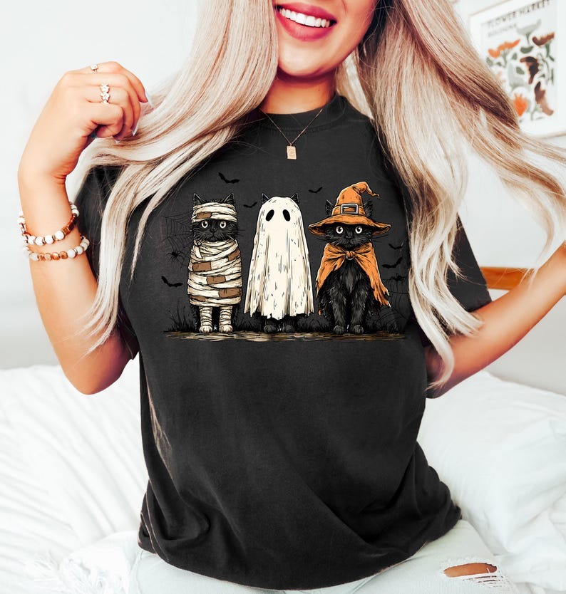 Black Cat Pumpkin Sweatshirt, Ghots Cat Shirt, Retro halloween T Shirt