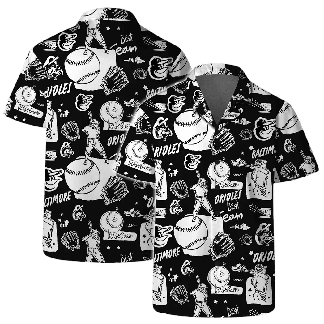 Baltimore Orioles Black & White Baseball Vibes Hawaiian Shirt - Welcome to 2 Aloha