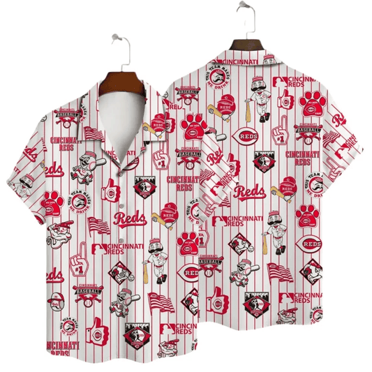 Cincinnati Reds Pinstripe Fun Hawaiian Shirt - Welcome to 2 Aloha