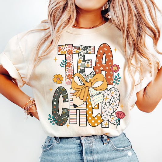 Comfort Color Custom Name Boho Floral Teacher Shirt