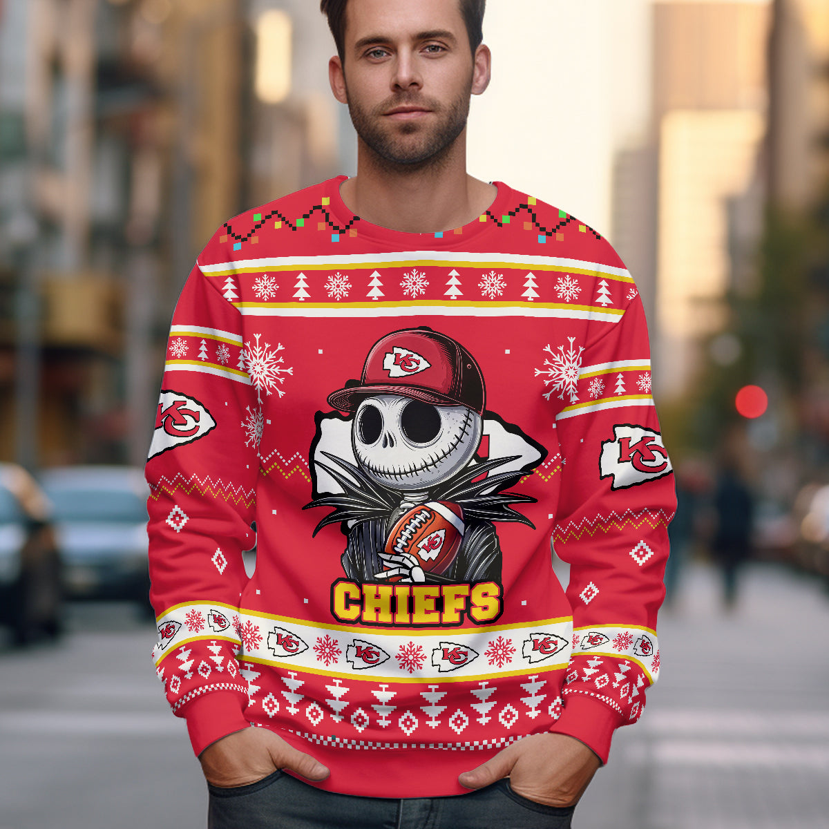 Custom Football Teams Nightmare Before Christmas Jack Skellington Ugly Sweater - 411QAHNUS003