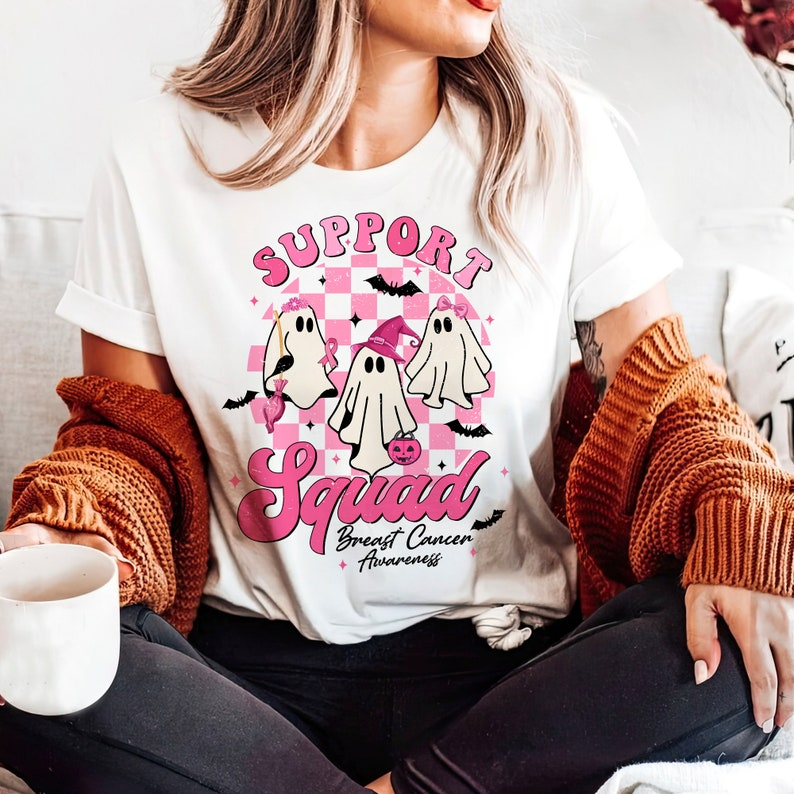 Halloween Ghost Shirt, Support Squad Breast Cancer Shirt, Pink Ribbon, Cancer Awareness