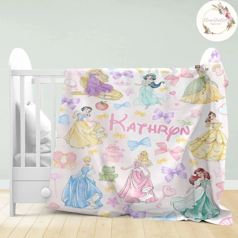 Custom Watercolor Coquette Bows Disney Princess Blanket, WDW Disneyland Baby Girl Trip Blanket - 410TT-TB008