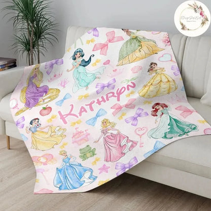 Custom Watercolor Coquette Bows Disney Princess Blanket, WDW Disneyland Baby Girl Trip Blanket - 410TT-TB008