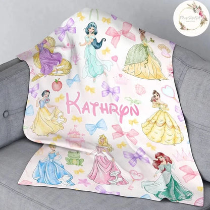 Custom Watercolor Coquette Bows Disney Princess Blanket, WDW Disneyland Baby Girl Trip Blanket - 410TT-TB008