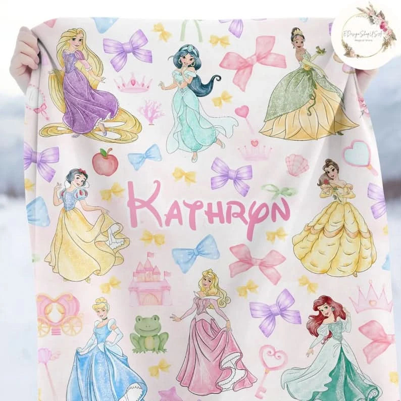 Custom Watercolor Coquette Bows Disney Princess Blanket, WDW Disneyland Baby Girl Trip Blanket - 410TT-TB008