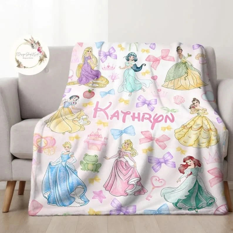 Custom Watercolor Coquette Bows Disney Princess Blanket, WDW Disneyland Baby Girl Trip Blanket - 410TT-TB008