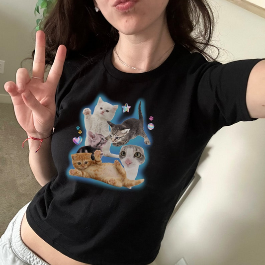 Y2K Silly Cat Shirt Baby Tee 90s Aesthetic Cat Meme TShirt, Y2K Kitten Baby Tee