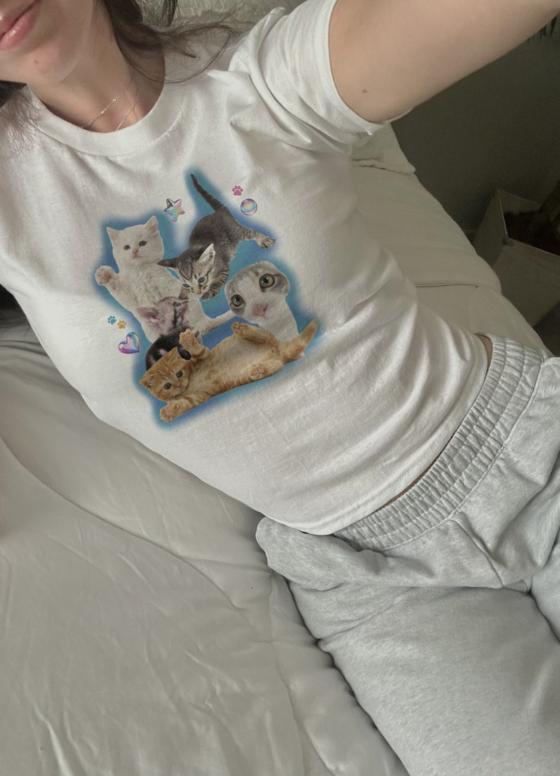 Y2K Silly Cat Shirt Baby Tee 90s Aesthetic Cat Meme TShirt, Y2K Kitten Baby Tee