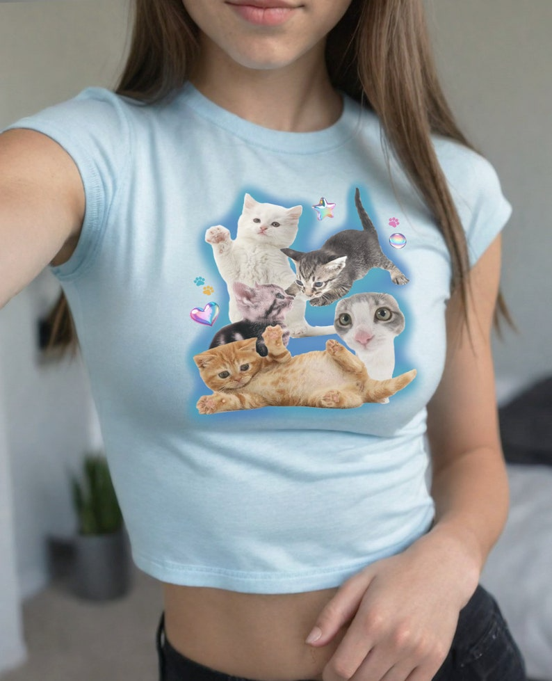 Y2K Silly Cat Shirt Baby Tee 90s Aesthetic Cat Meme TShirt, Y2K Kitten Baby Tee