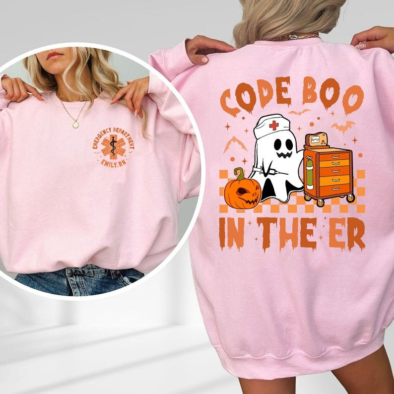 Custom Retro Halloween Code Boo In The ER Nurse Shirt