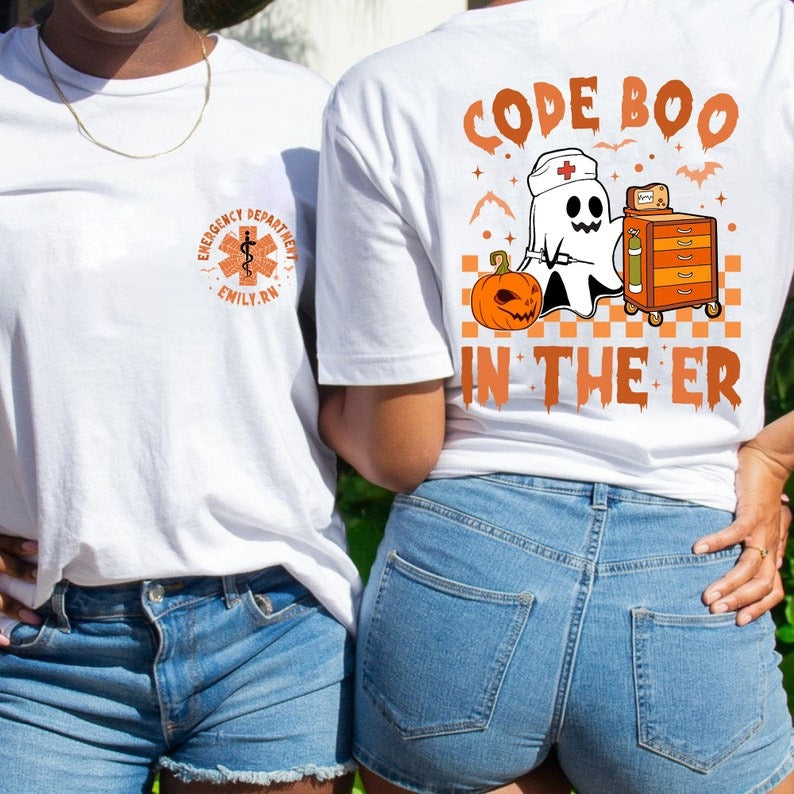 Custom Retro Halloween Code Boo In The ER Nurse Shirt