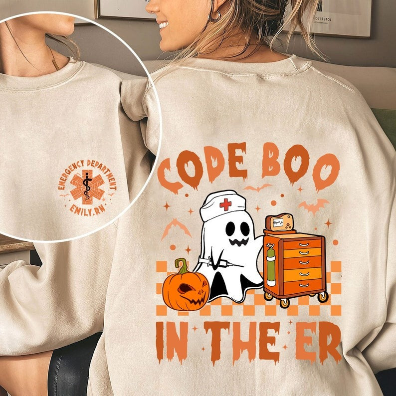 Custom Retro Halloween Code Boo In The ER Nurse Shirt