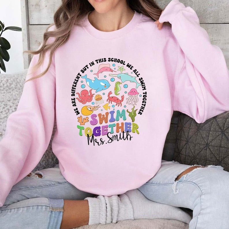 Personalized Ocean Teacher Shirt, We Are Different But In This School We All Swim Together Shirt