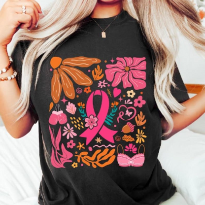 Breast Cancer Awareness Shirt, Boho Hippie Floral, In October We Wear Pink