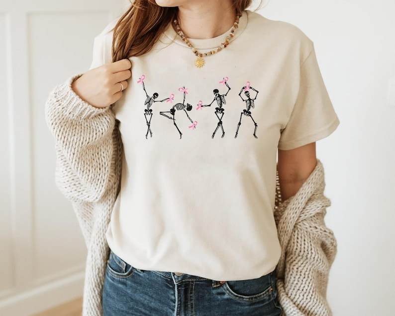 Dancing Skeletons Breast Cancer Shirt, Skeletons Pink Ribbon Cancer Shirt, Halloween Breast Cancer Shirt