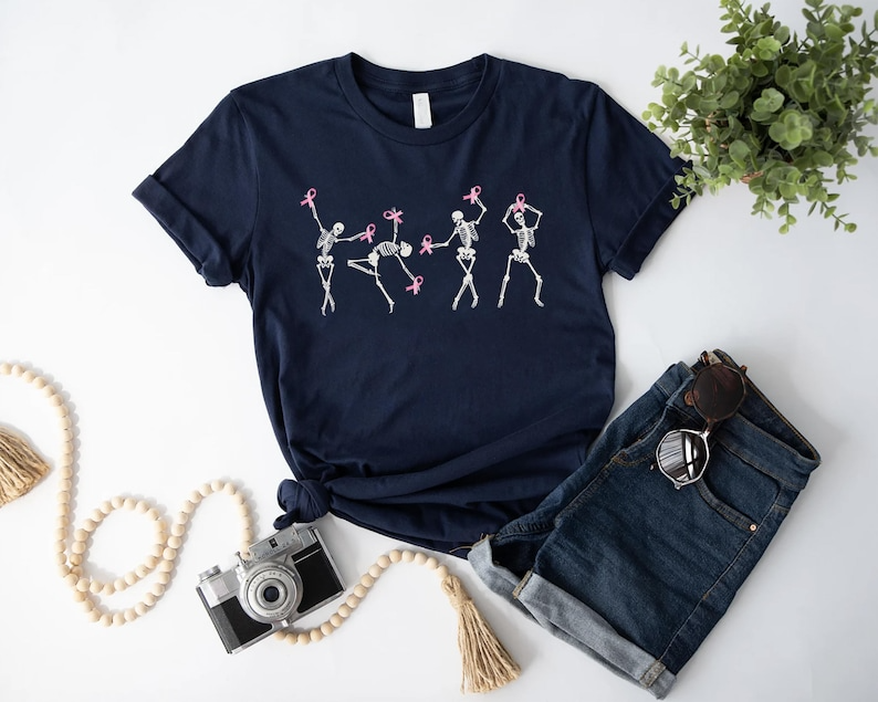 Dancing Skeletons Breast Cancer Shirt, Skeletons Pink Ribbon Cancer Shirt, Halloween Breast Cancer Shirt