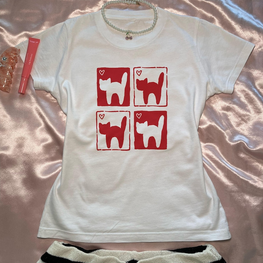 Cat Hearts Y2K Baby Tee, 90s Retro Kitten Baby Tee Coquette Kitten Aesthetic Y2K Shirt