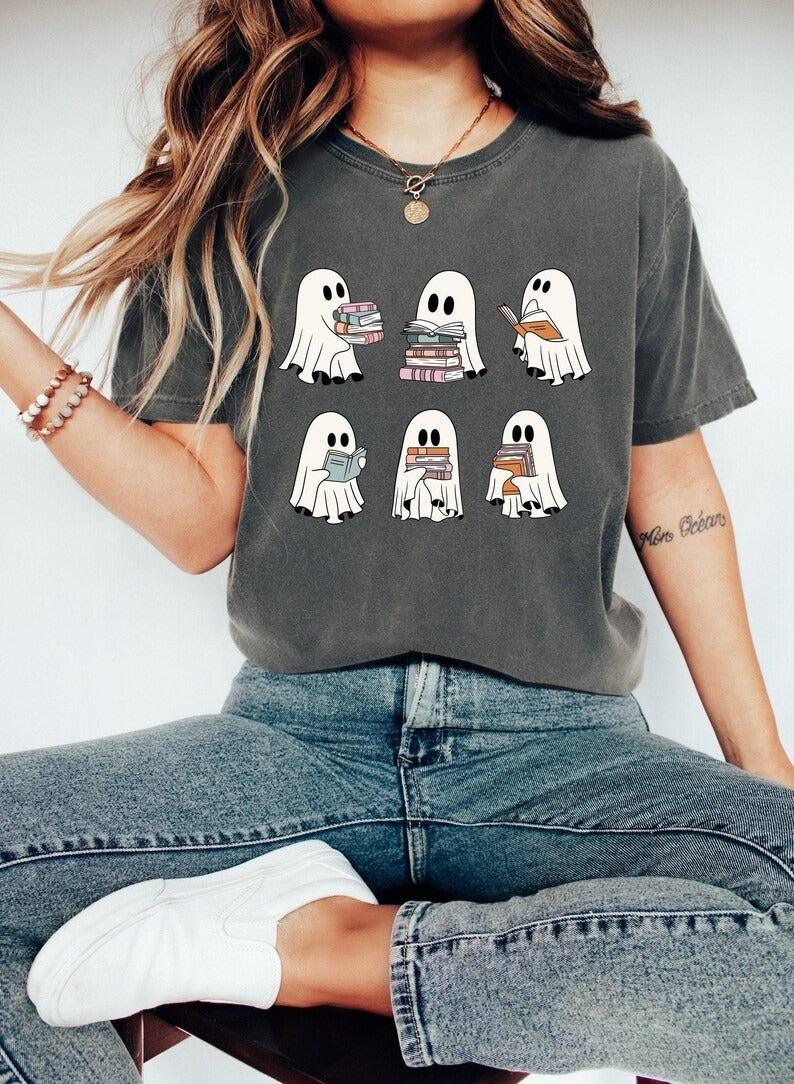 Comfort Colors® Cute Ghost Reading Book Halloween Tshirt, Ghost Reading Book Girly Shirt