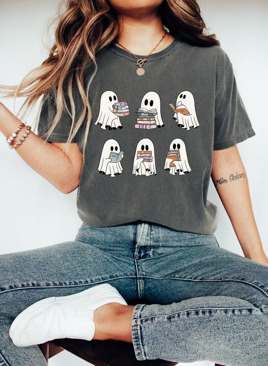 Comfort Colors® Cute Ghost Reading Book Halloween Tshirt, Ghost Reading Book Girly Shirt