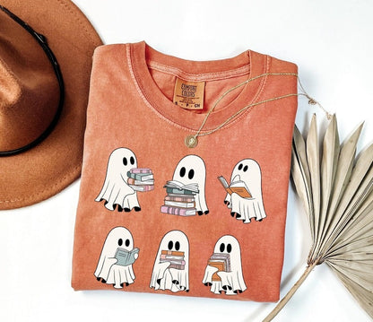 Comfort Colors® Cute Ghost Reading Book Halloween Tshirt, Ghost Reading Book Girly Shirt