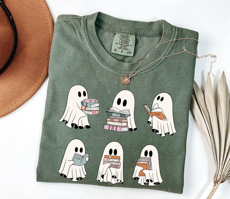 Comfort Colors® Cute Ghost Reading Book Halloween Tshirt, Ghost Reading Book Girly Shirt