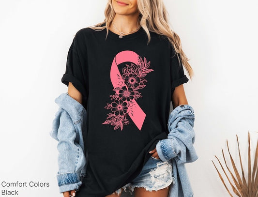 Breast Cancer Awareness Shirt Pink Ribbon Floral Tee Support Cancer Fighter Tee