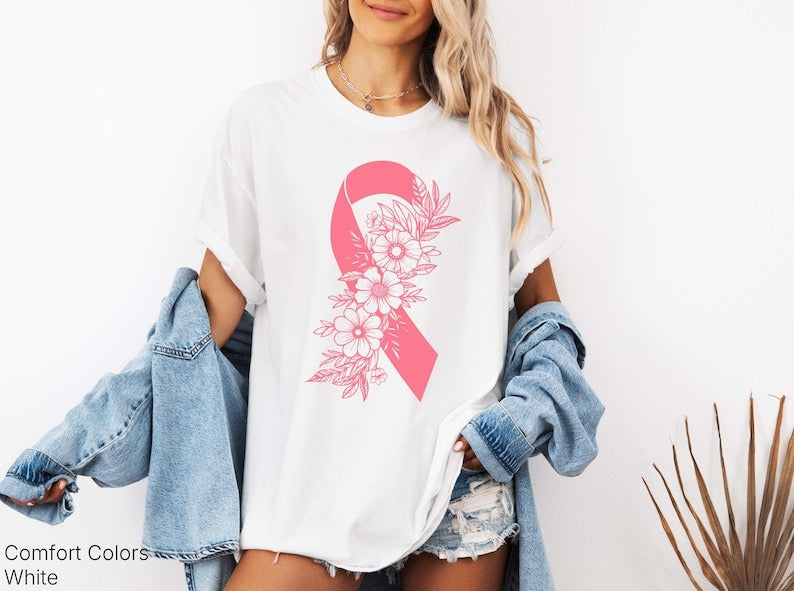 Breast Cancer Awareness Shirt Pink Ribbon Floral Tee Support Cancer Fighter Tee