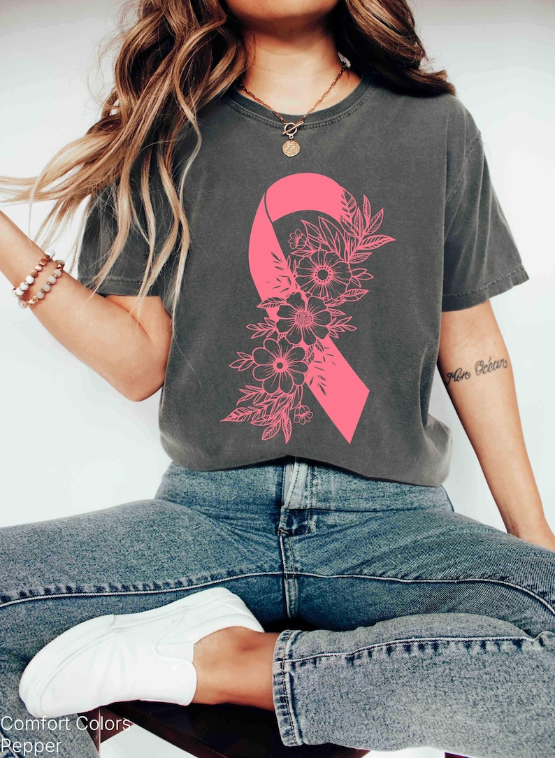 Breast Cancer Awareness Shirt Pink Ribbon Floral Tee Support Cancer Fighter Tee