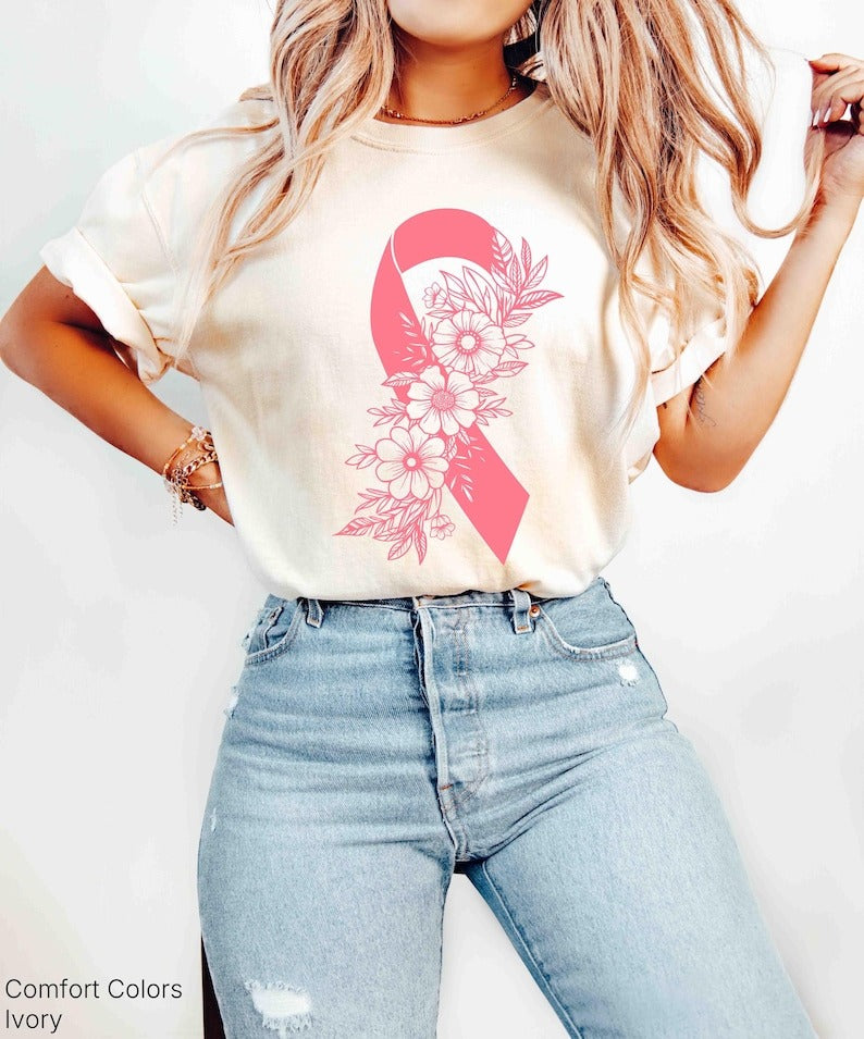 Breast Cancer Awareness Shirt Pink Ribbon Floral Tee Support Cancer Fighter Tee