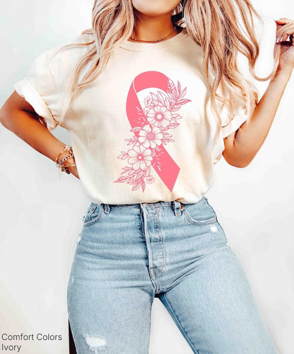 Breast Cancer Awareness Shirt Pink Ribbon Floral Tee Support Cancer Fighter Tee