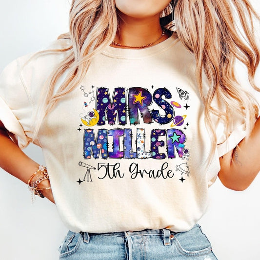 Custom Name Fifth Grade teacher Shirt Outer Space Theme Shirts