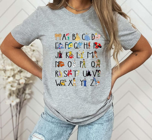 Disney Characters Alphabet Teacher Shirt, Kindergarten Teacher Disney Tee
