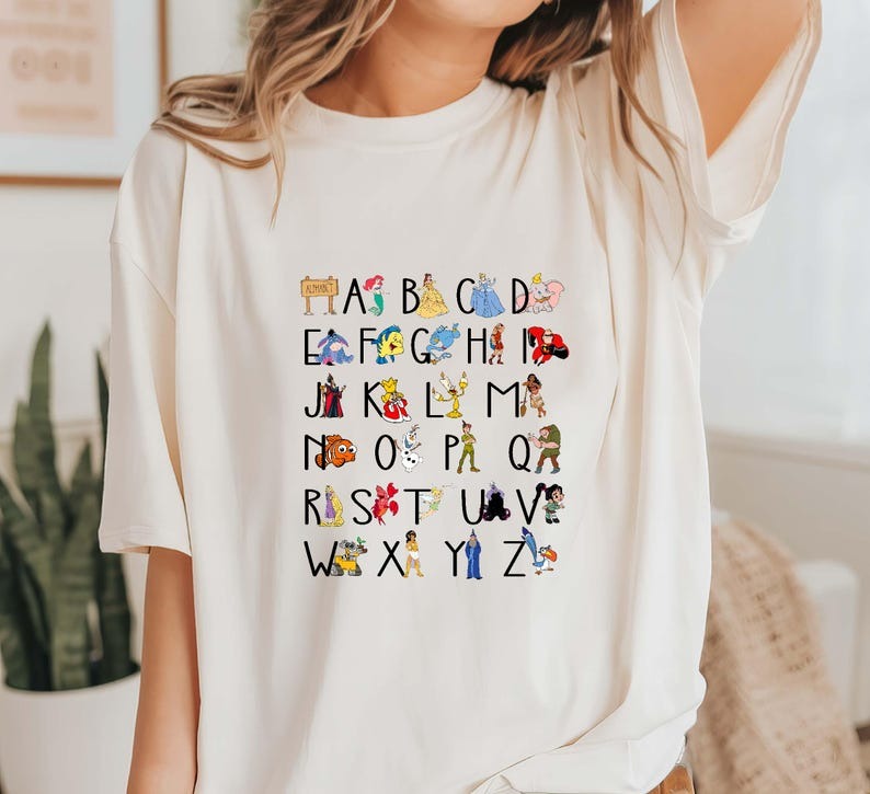 Disney Characters Alphabet Teacher Shirt, Kindergarten Teacher Disney Tee