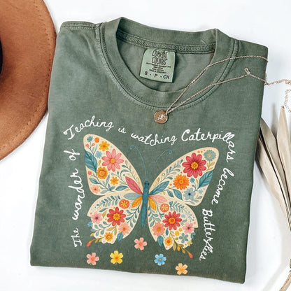 Butterfly Teacher Shirt | The Wonder of Teaching Quote | Floral Watercolor Butterfly Shirt for Educators