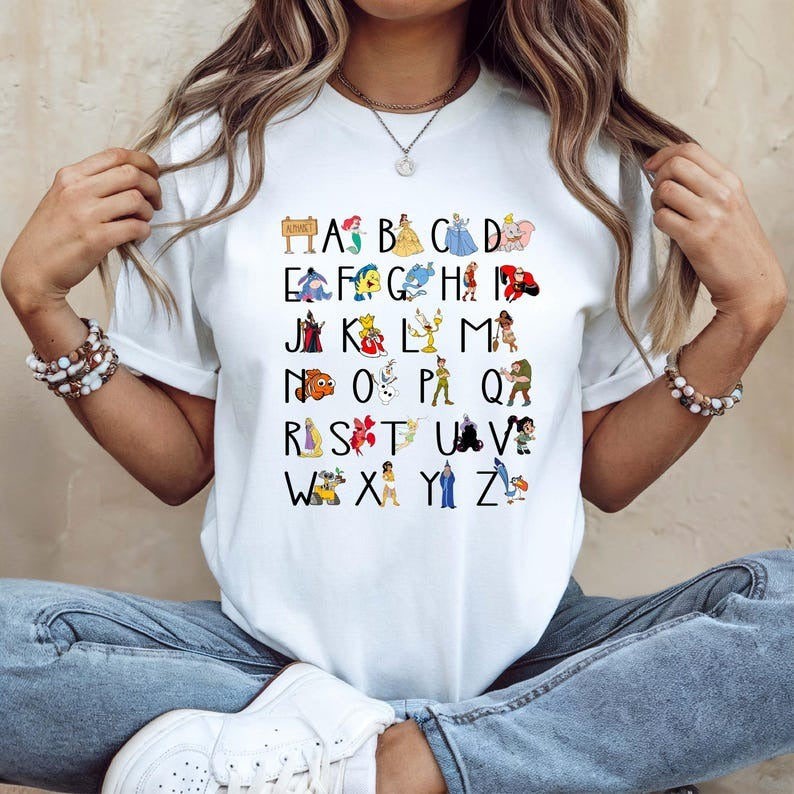 Disney Characters Alphabet Teacher Shirt, Kindergarten Teacher Disney Tee