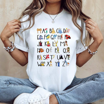 Disney Characters Alphabet Teacher Shirt, Kindergarten Teacher Disney Tee