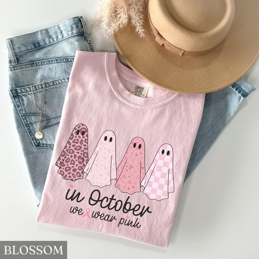 Breast Cancer Comfort Colors Shirt, In October We Wear Pink Ghost Tshirt, Cancer Support Gift