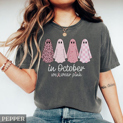 Breast Cancer Comfort Colors Shirt, In October We Wear Pink Ghost Tshirt, Cancer Support Gift