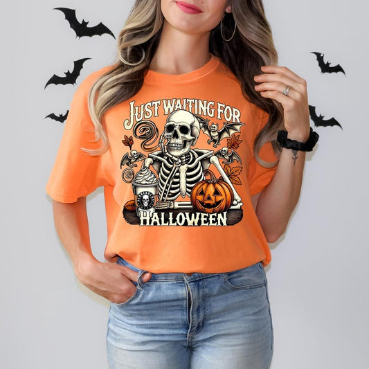 Just Waiting for Halloween Comfort Colors® Shirt, Funny Skeleton Pumpkin Shirt