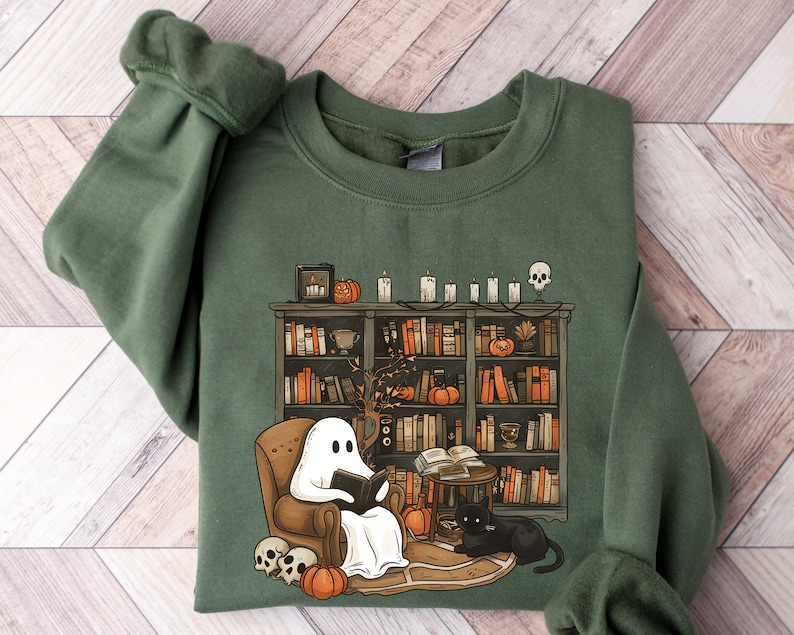 Retro Ghost Reading Books Shirt, Librarian Ghost Halloween, Halloween Teacher Sweatshirt